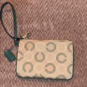 Beige and green COACH Wristlet
